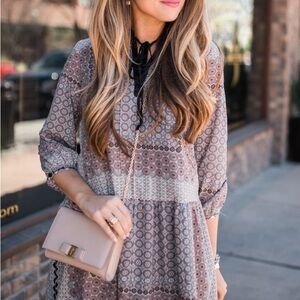 NWOT Allison New York Womens Tiled Drop Waist Dress Neutral Babydoll Midi Sz XSP